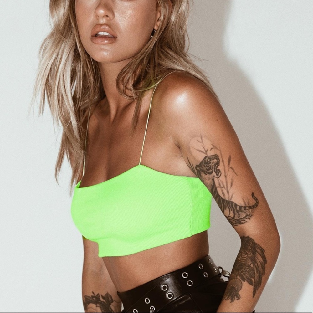 Neon green skinny strap ribbed crop top - Picture 2 of 12